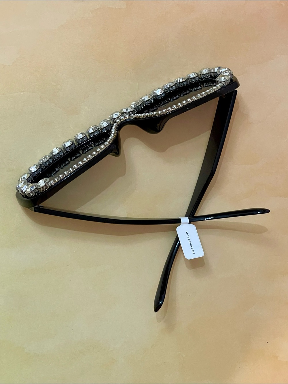 Anthropologie Boho Glam Black Crystal-Trim Rectangular Embellished Sunglasses - Picture 10 of 16